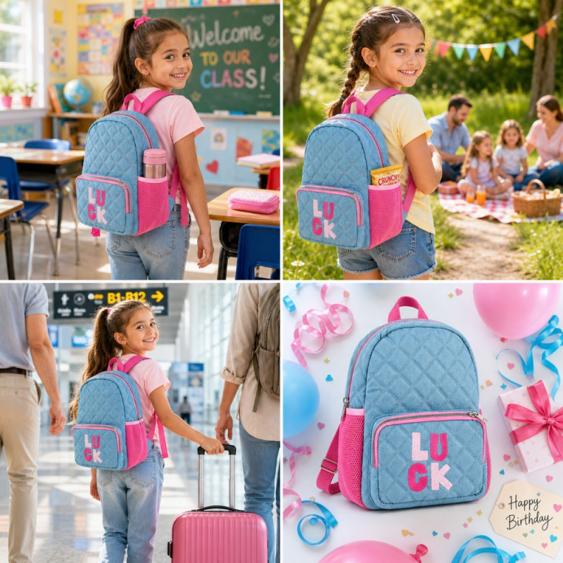 Professional Children’s Quilted Blue Denim Backpack – Aqua & Pink Trim (30cm)