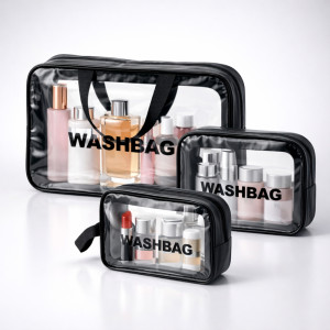 3-Piece Professional Travel Toiletry Set – Black Transparent PVC Organizers