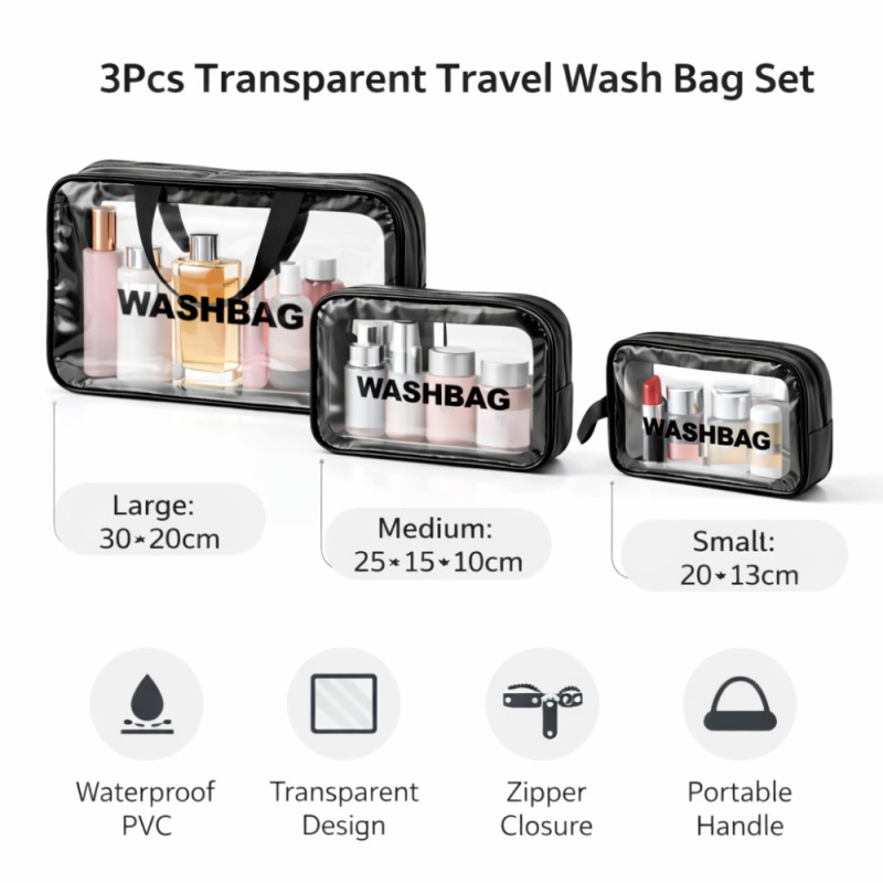 3-Piece Professional Travel Toiletry Set – Black Transparent PVC Organizers
