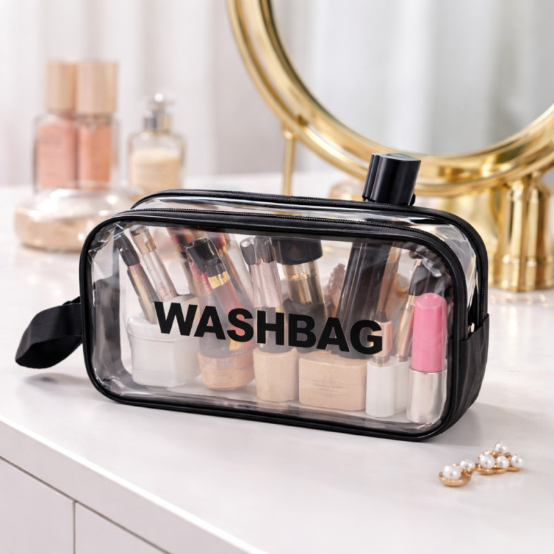 3-Piece Professional Travel Toiletry Set – Black Transparent PVC Organizers