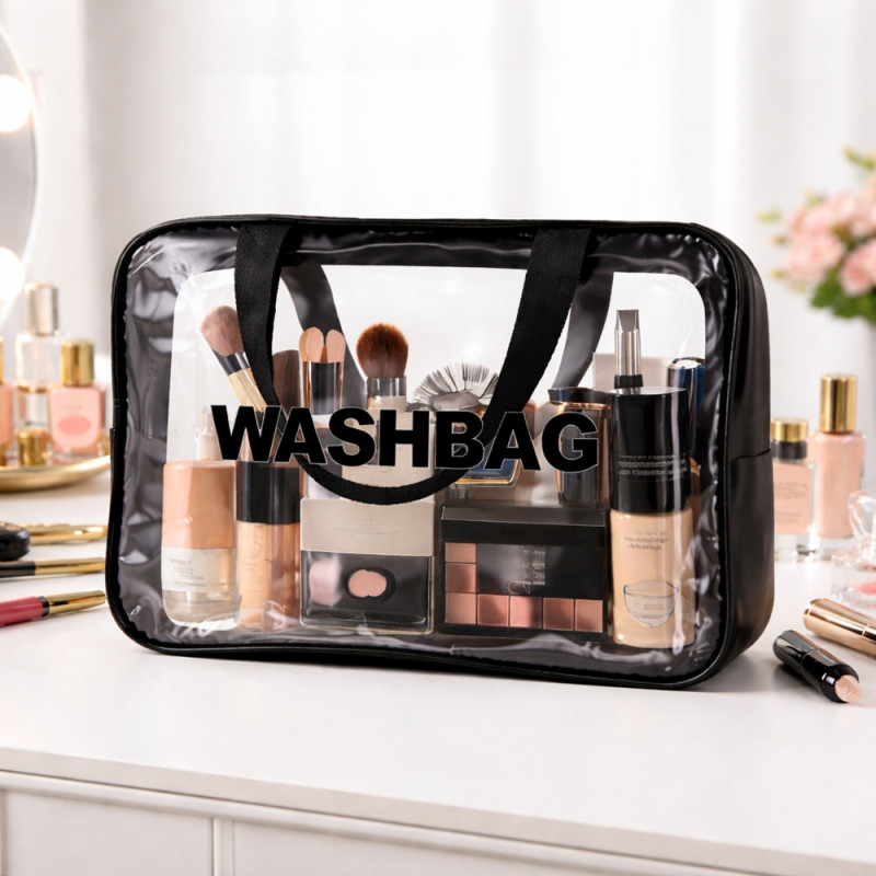 3-Piece Professional Travel Toiletry Set – Black Transparent PVC Organizers