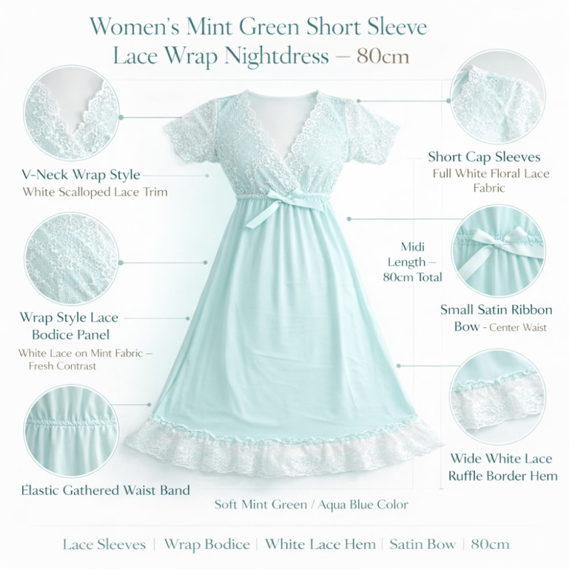 Aqua Mint Modesty Nightgown – Delicate Lace & Soft Jersey (80cm)