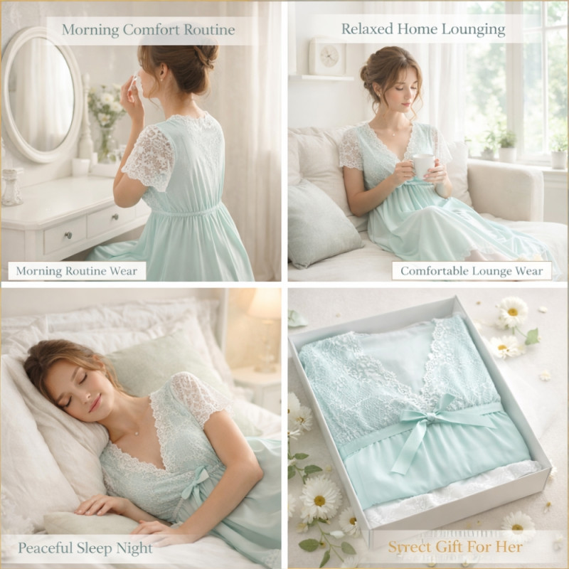 Aqua Mint Modesty Nightgown – Delicate Lace & Soft Jersey (80cm)