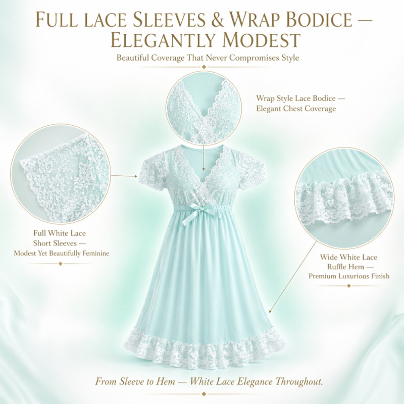 Aqua Mint Modesty Nightgown – Delicate Lace & Soft Jersey (80cm)