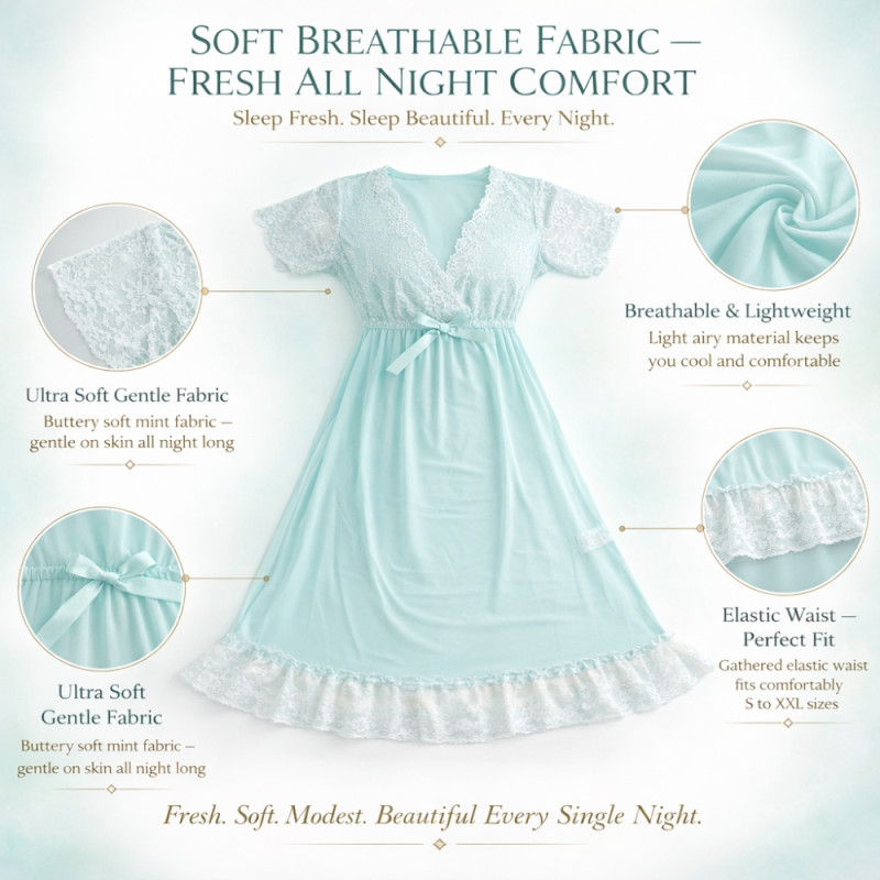 Aqua Mint Modesty Nightgown – Delicate Lace & Soft Jersey (80cm)