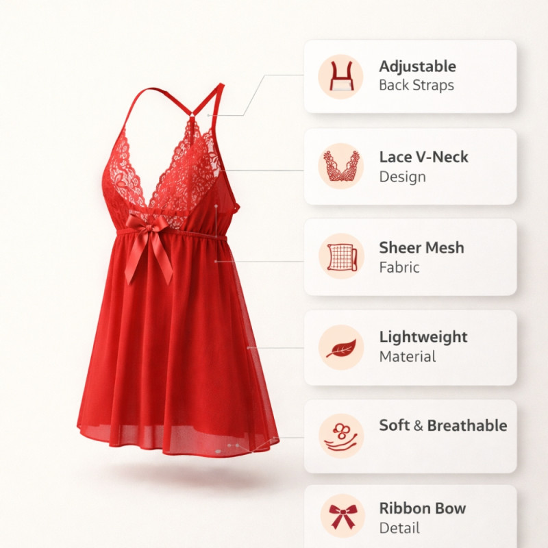 Luxury Crimson Red Lace Lingerie – Elegant Mini Nightdress (66cm)