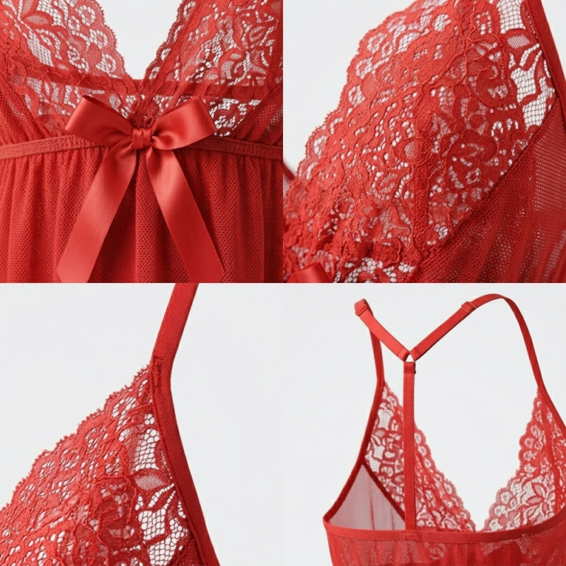 Luxury Crimson Red Lace Lingerie – Elegant Mini Nightdress (66cm)
