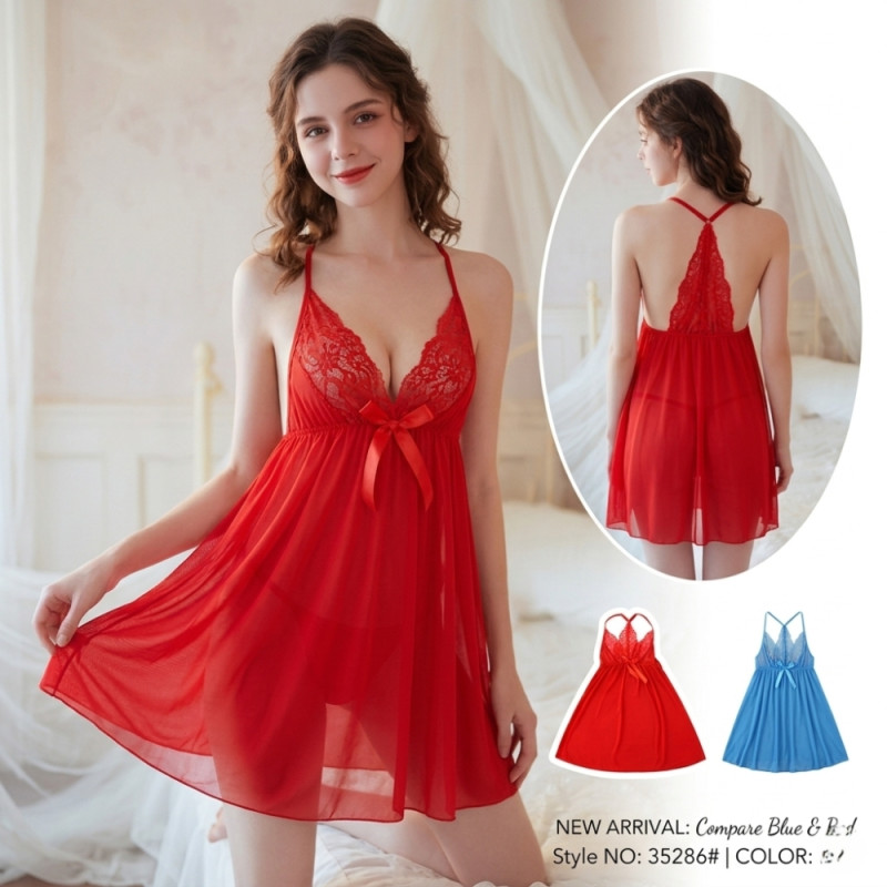 Luxury Crimson Red Lace Lingerie – Elegant Mini Nightdress (66cm)