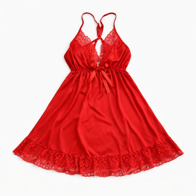 Luxury Red Satin & Lace Lingerie – Elegant Adjustable Strap Nightdress (70cm)