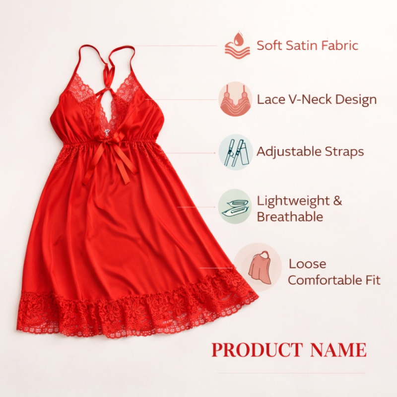 Luxury Red Satin & Lace Lingerie – Elegant Adjustable Strap Nightdress (70cm)
