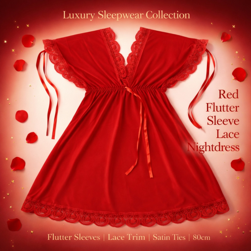 Luxury Crimson Red Satin Chemise – Lace Trim & Adjustable Shoulder Ties (70cm)