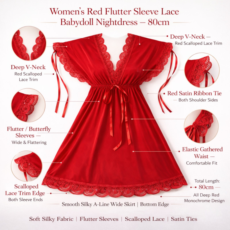 Luxury Crimson Red Satin Chemise – Lace Trim & Adjustable Shoulder Ties (70cm)