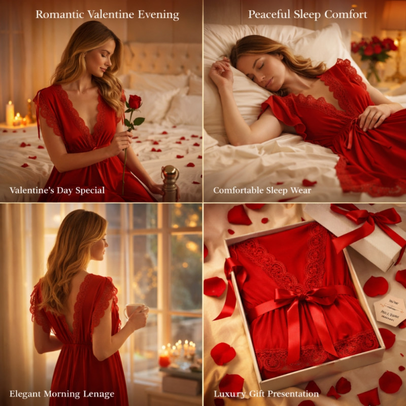 Luxury Crimson Red Satin Chemise – Lace Trim & Adjustable Shoulder Ties (70cm)