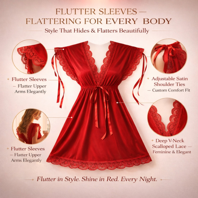 Luxury Crimson Red Satin Chemise – Lace Trim & Adjustable Shoulder Ties (70cm)