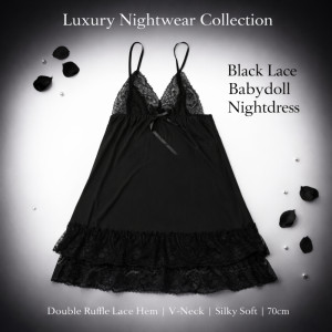 Luxury Onyx Black Lace & Ruffle Nightgown – Elegant Satin Sleepwear (70cm) Luxury Onyx Black Lace & Ruffle Nightgown – Elegant Satin Sleepwear (70cm)