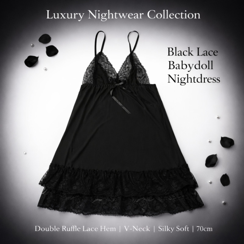 Luxury Onyx Black Lace & Ruffle Nightgown – Elegant Satin Sleepwear (70cm)
