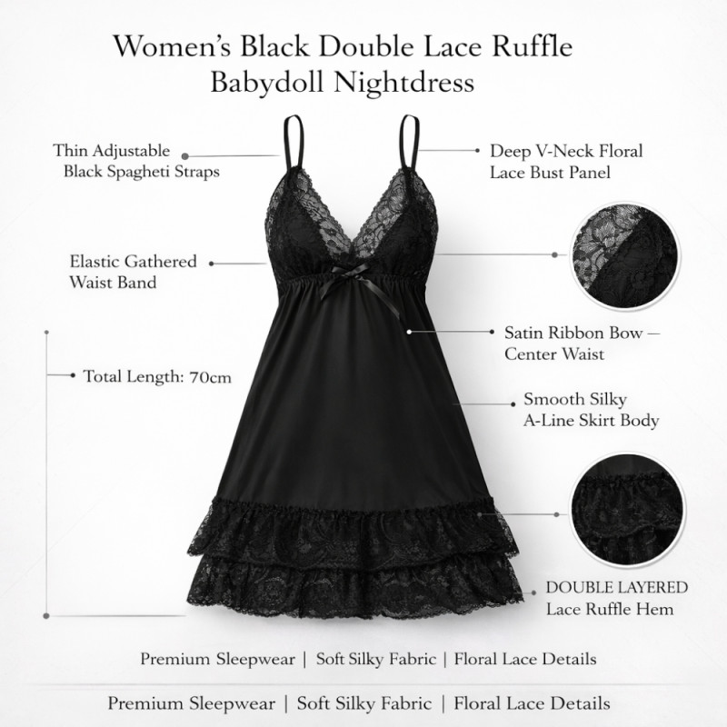 Luxury Onyx Black Lace & Ruffle Nightgown – Elegant Satin Sleepwear (70cm)