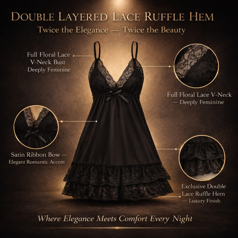 Luxury Onyx Black Lace & Ruffle Nightgown – Elegant Satin Sleepwear (70cm)