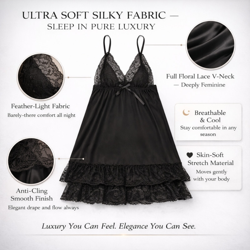 Luxury Onyx Black Lace & Ruffle Nightgown – Elegant Satin Sleepwear (70cm)