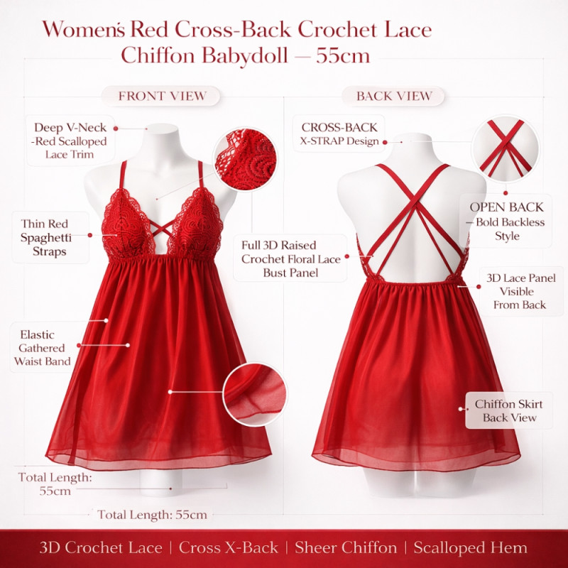 Premium Nightarm "Red Passion" Edition – Crochet Lace Nightdress (55cm)