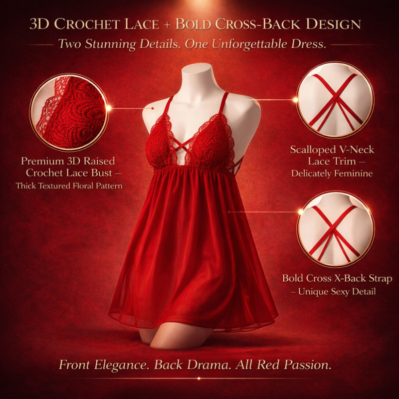 Premium Nightarm "Red Passion" Edition – Crochet Lace Nightdress (55cm)