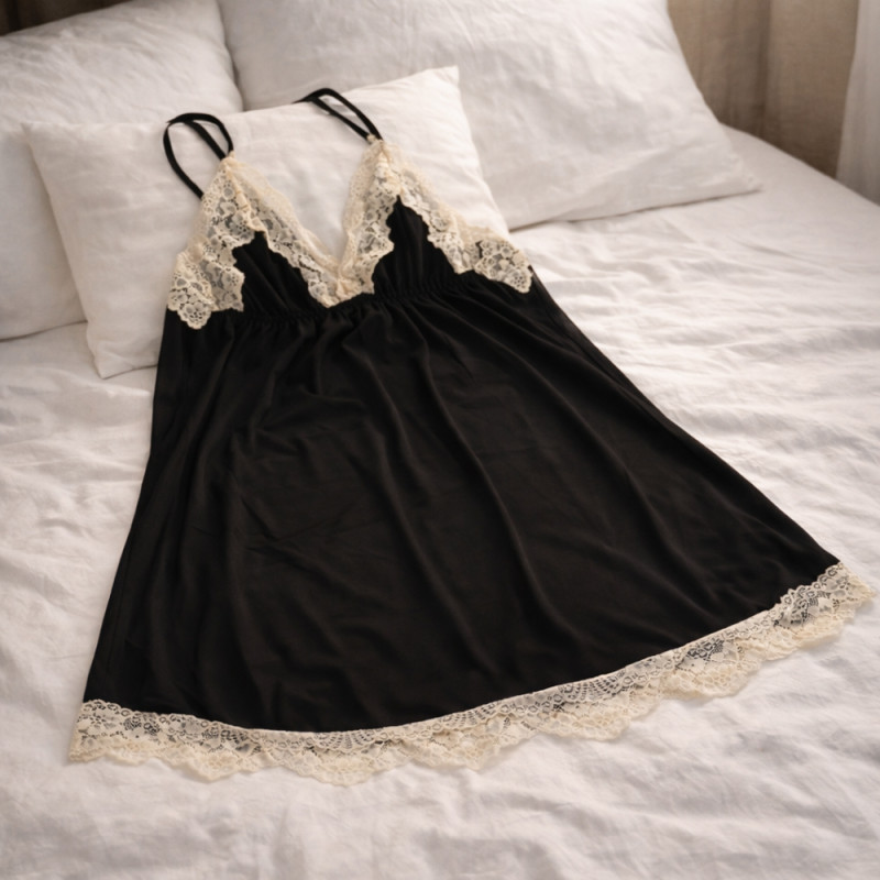 Noir Mesh Evening Robe – Sheer Nightwear Black with White Lace Trim (70cm)