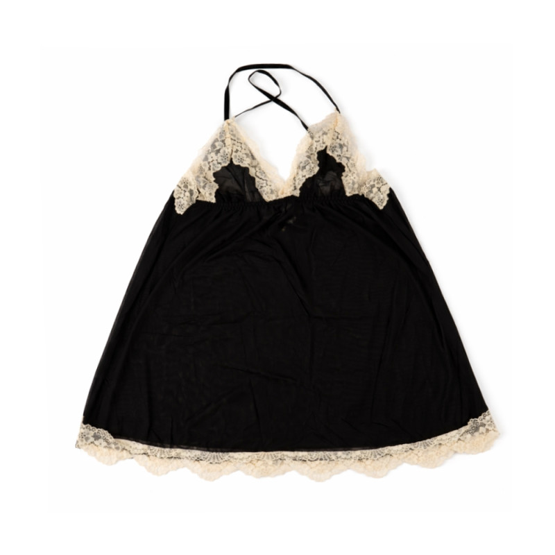 Noir Mesh Evening Robe – Sheer Nightwear Black with White Lace Trim (70cm)