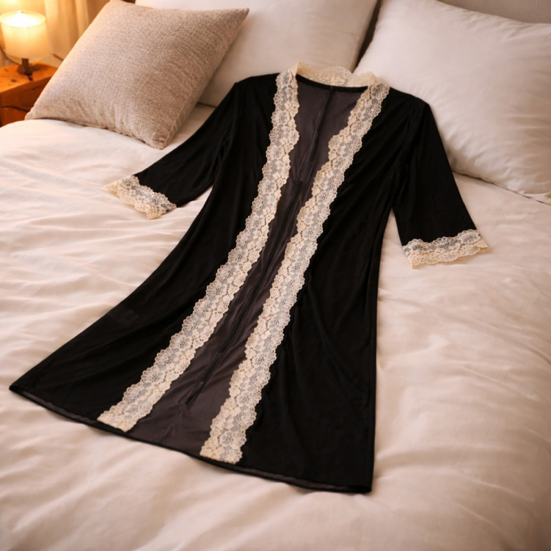 Noir Mesh Evening Robe – Sheer Nightwear Black with White Lace Trim (70cm)