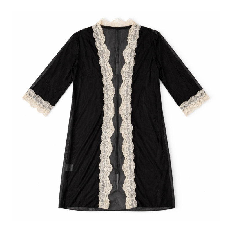 Noir Mesh Evening Robe – Sheer Nightwear Black with White Lace Trim (70cm)