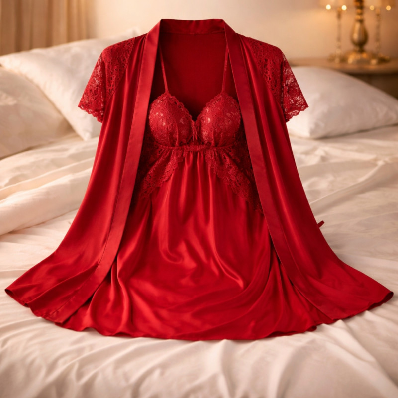 Luxury Ruby Red Lace-Trim Nightgown – Elegant Satin Sleepwear (90cm)