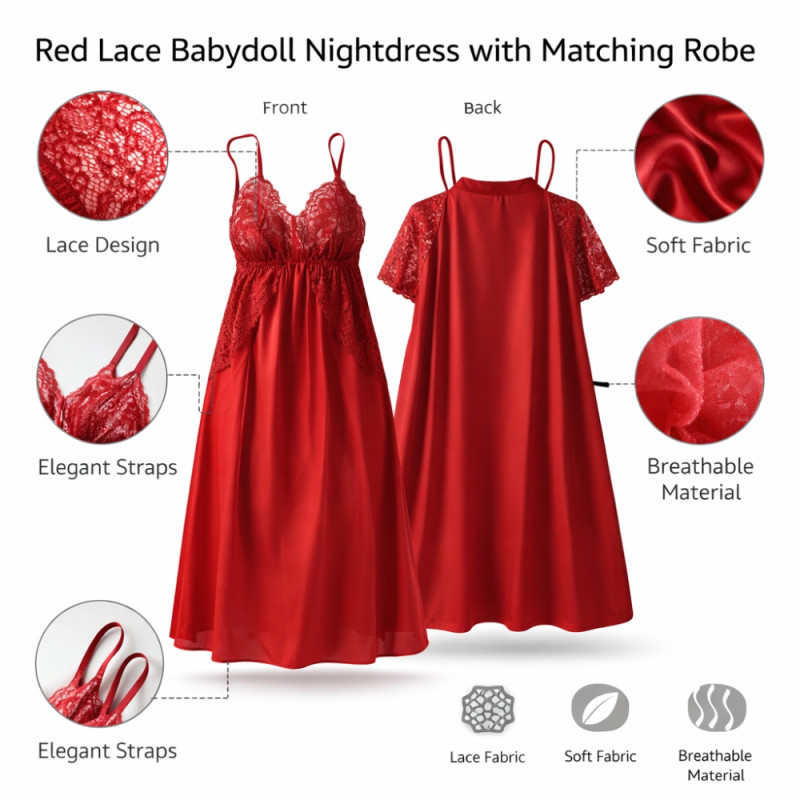 Luxury Ruby Red Lace-Trim Nightgown – Elegant Satin Sleepwear (90cm)