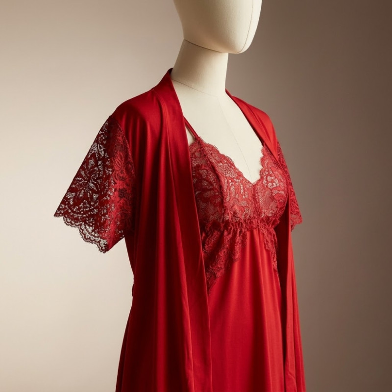Luxury Ruby Red Lace-Trim Nightgown – Elegant Satin Sleepwear (90cm)