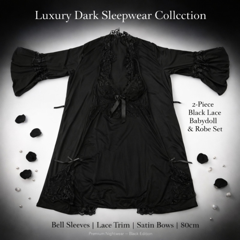 Luxury Onyx Black Camisole Nightdress – Satin Bow & Lace Ruffle Detail (80cm)