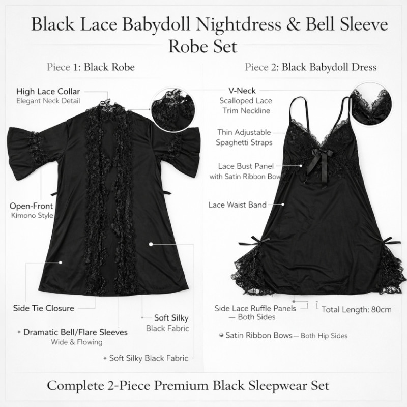 Luxury Onyx Black Camisole Nightdress – Satin Bow & Lace Ruffle Detail (80cm)