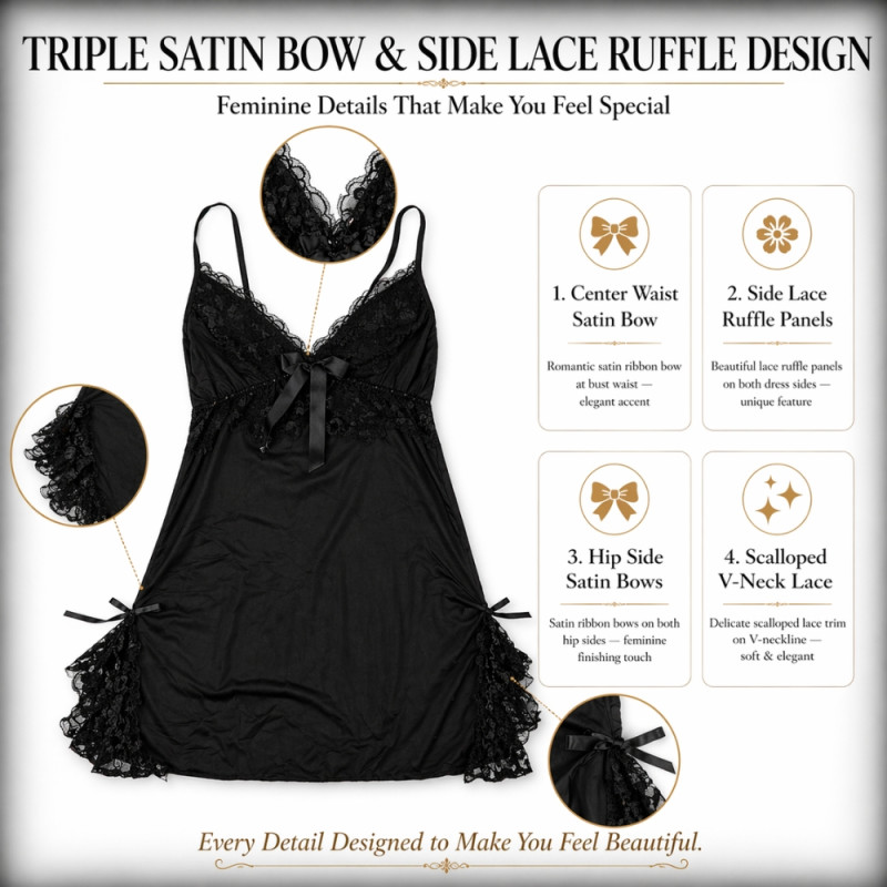 Luxury Onyx Black Camisole Nightdress – Satin Bow & Lace Ruffle Detail (80cm)