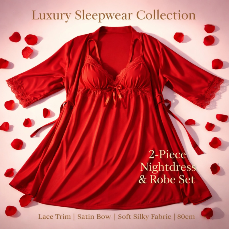 Luxury Scarlet Red Satin Sleepwear Dress – Elegant 80cm Nightgown
