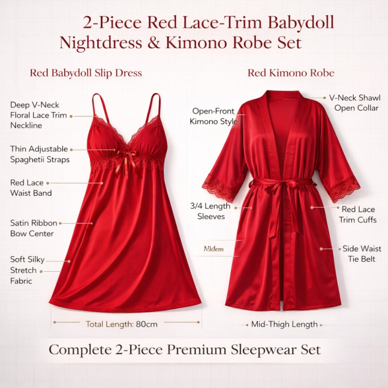 Luxury Scarlet Red Satin Sleepwear Dress – Elegant 80cm Nightgown
