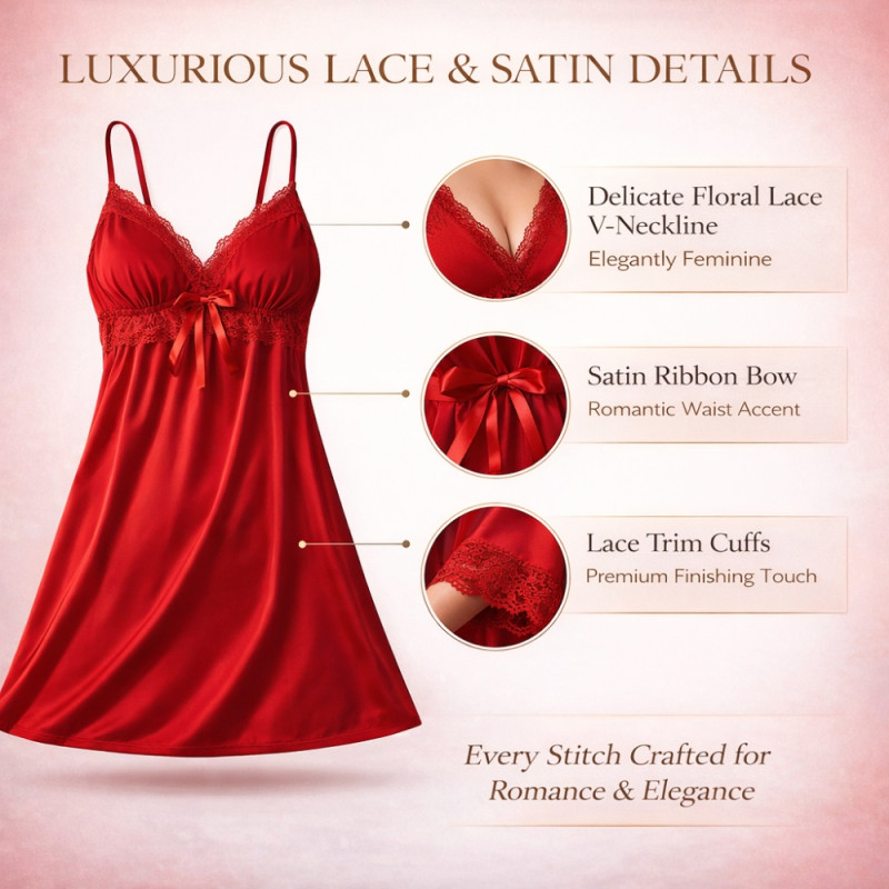 Luxury Scarlet Red Satin Sleepwear Dress – Elegant 80cm Nightgown