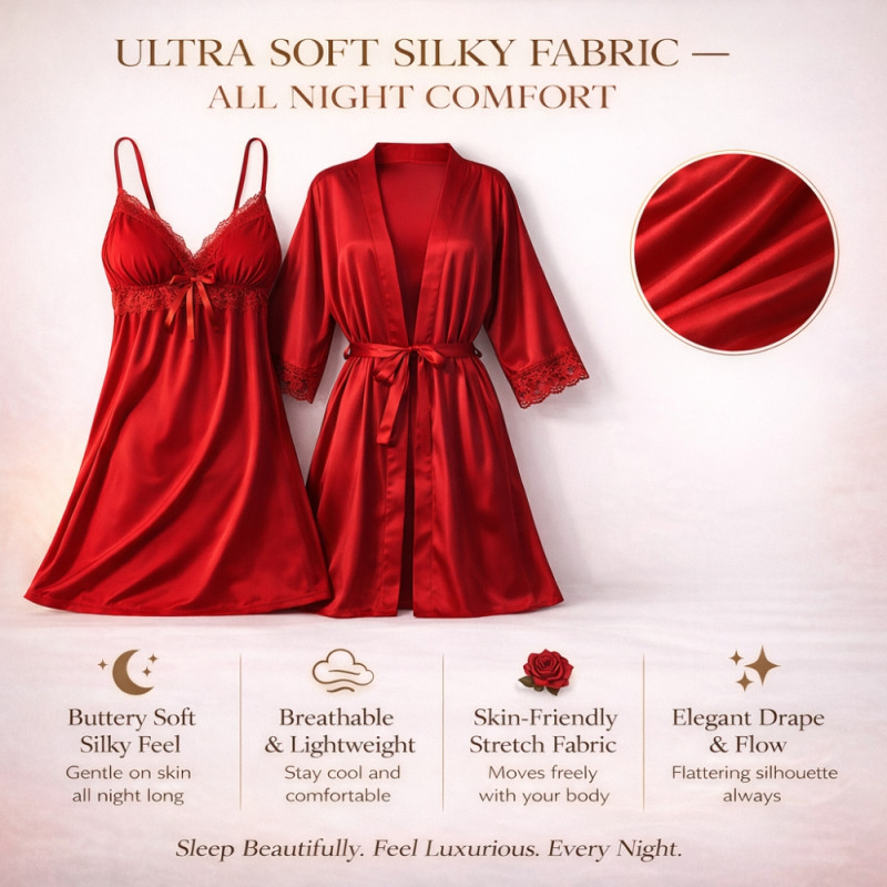 Luxury Scarlet Red Satin Sleepwear Dress – Elegant 80cm Nightgown