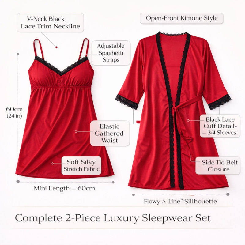 Luxury Red Satin & Lace Chemise – Elegant Lingerie Sleepwear Dress (60cm)
