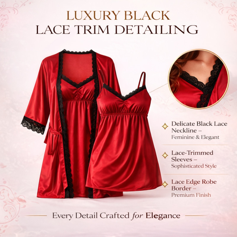 Luxury Red Satin & Lace Chemise – Elegant Lingerie Sleepwear Dress (60cm)