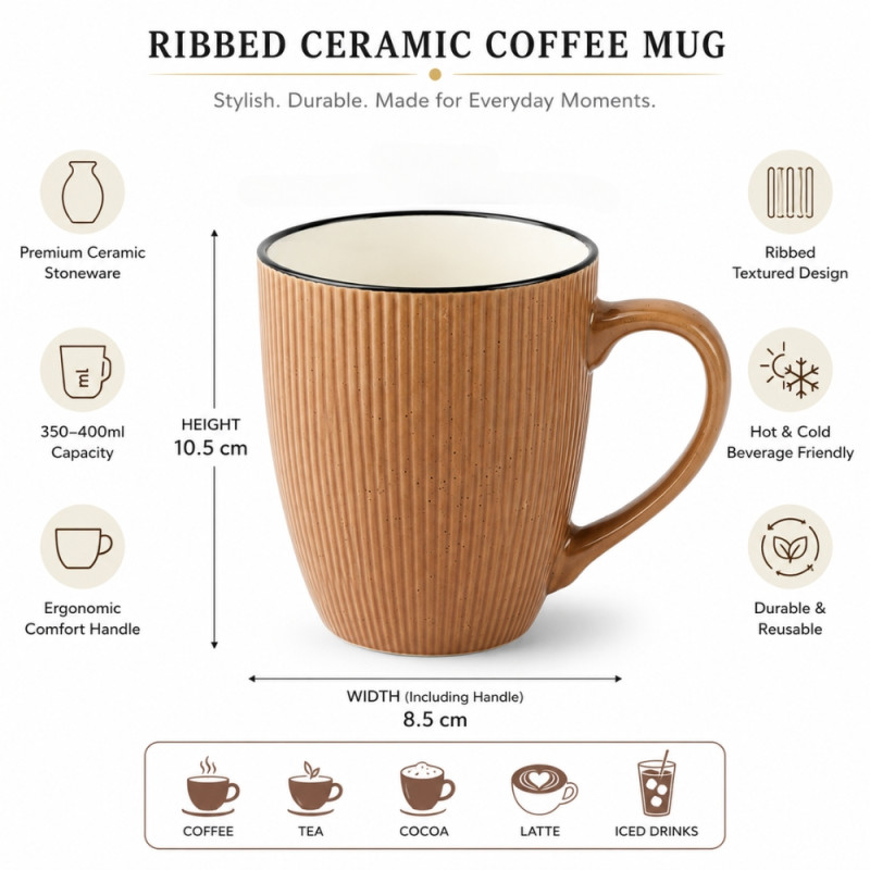 Camel Touch Ceramic Coffee Mug Designed for Elegant Dining & Entertaining – Tan (H-10.5, W-8.5 CM)