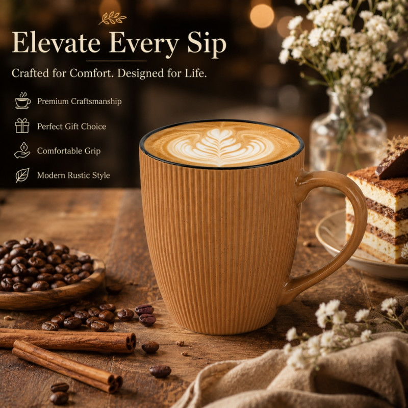 Camel Touch Ceramic Coffee Mug Designed for Elegant Dining & Entertaining – Tan (H-10.5, W-8.5 CM)