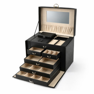 Executive 4-Drawer Jewelry Tower – Obsidian Black PU Leather (26cm)