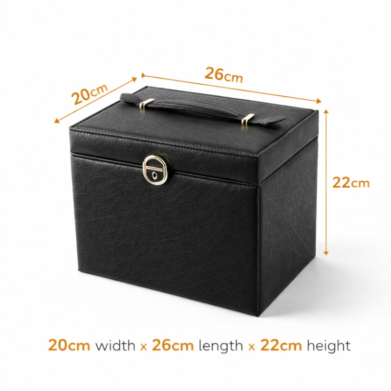 Executive 4-Drawer Jewelry Tower – Obsidian Black PU Leather (26cm)
