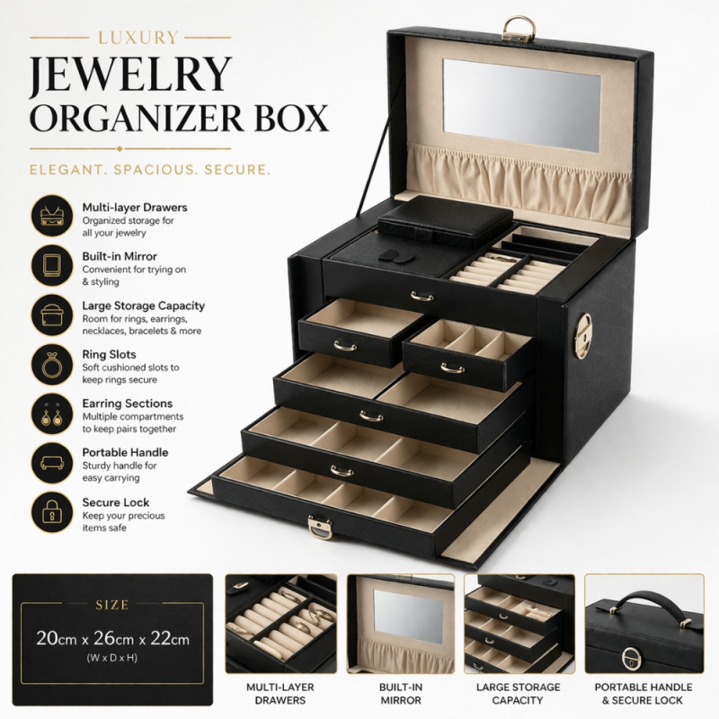 Executive 4-Drawer Jewelry Tower – Obsidian Black PU Leather (26cm)