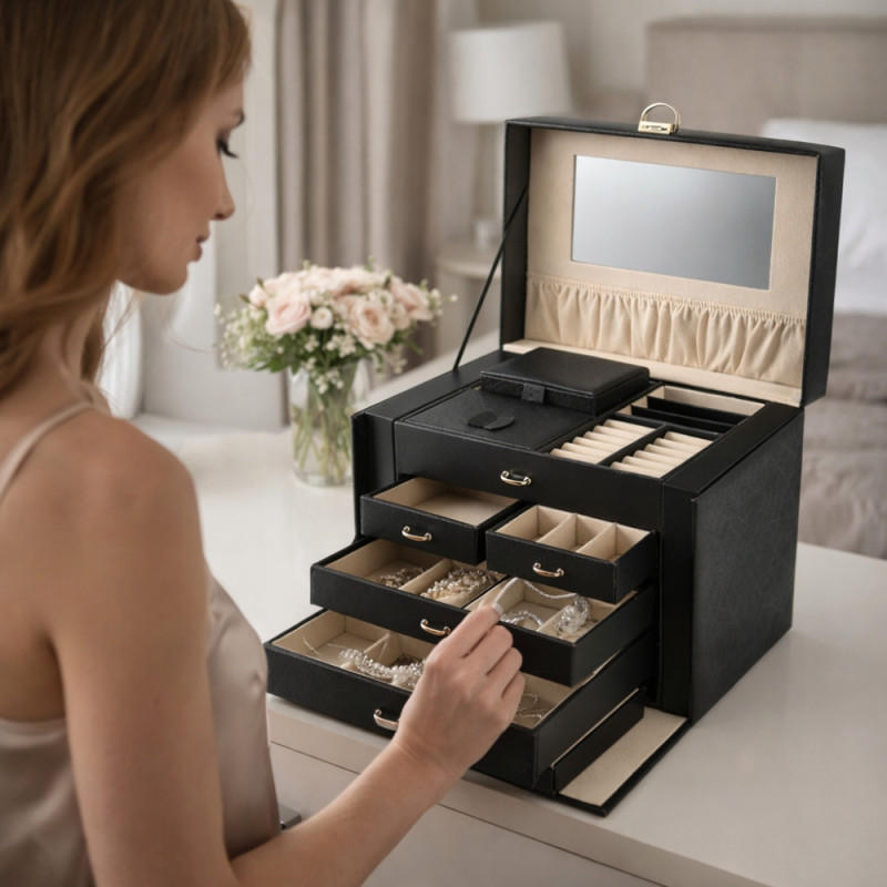 Executive 4-Drawer Jewelry Tower – Obsidian Black PU Leather (26cm)