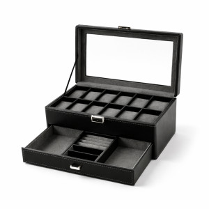 Executive 2-Tier Watch & Jewelry Organizer – Black Faux Leather with Glass Display (33cm)