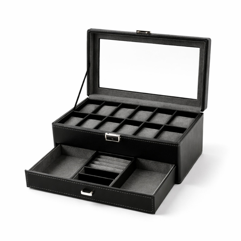 Executive 2-Tier Watch & Jewelry Organizer – Black Faux Leather with Glass Display (33cm)