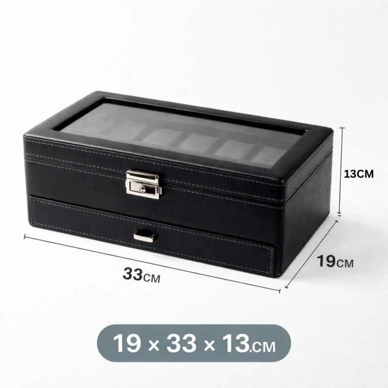 Executive 2-Tier Watch & Jewelry Organizer – Black Faux Leather with Glass Display (33cm)